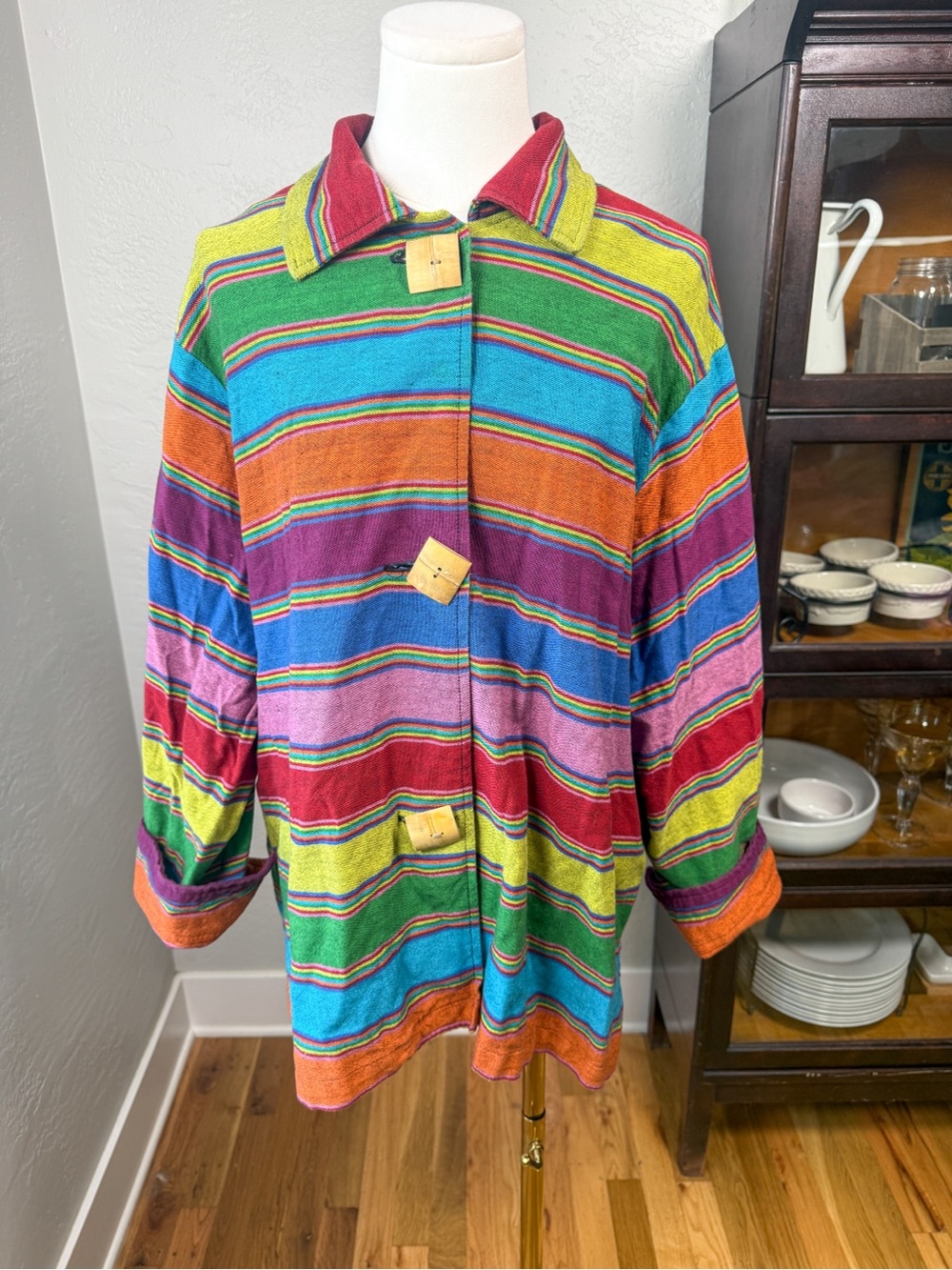 Vintage 90s Norm Thompson Rainbow Stripe Cotton Wood Button Jacket Plus Size 2X